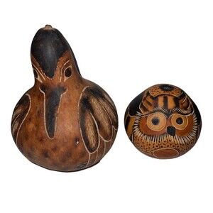 FOLK ART OWL GOURDS HAND PAINTED ETCHED PERUVIAN BIRD FIGURINES OWL & SEA GULL